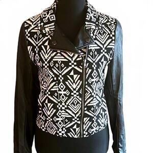 Blu Pepper Womens Moto Jacket Small Black White Aztec Print Bohochic